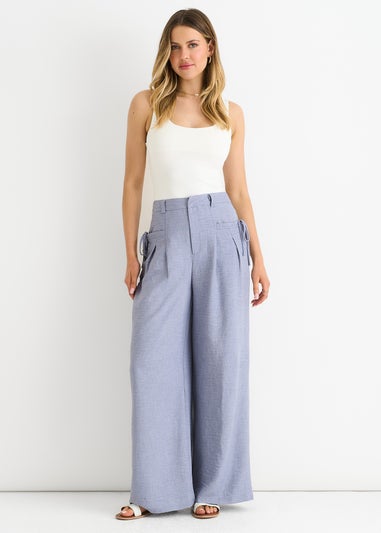 Gini London Blue Linen Look High Waist Wide Leg Trousers