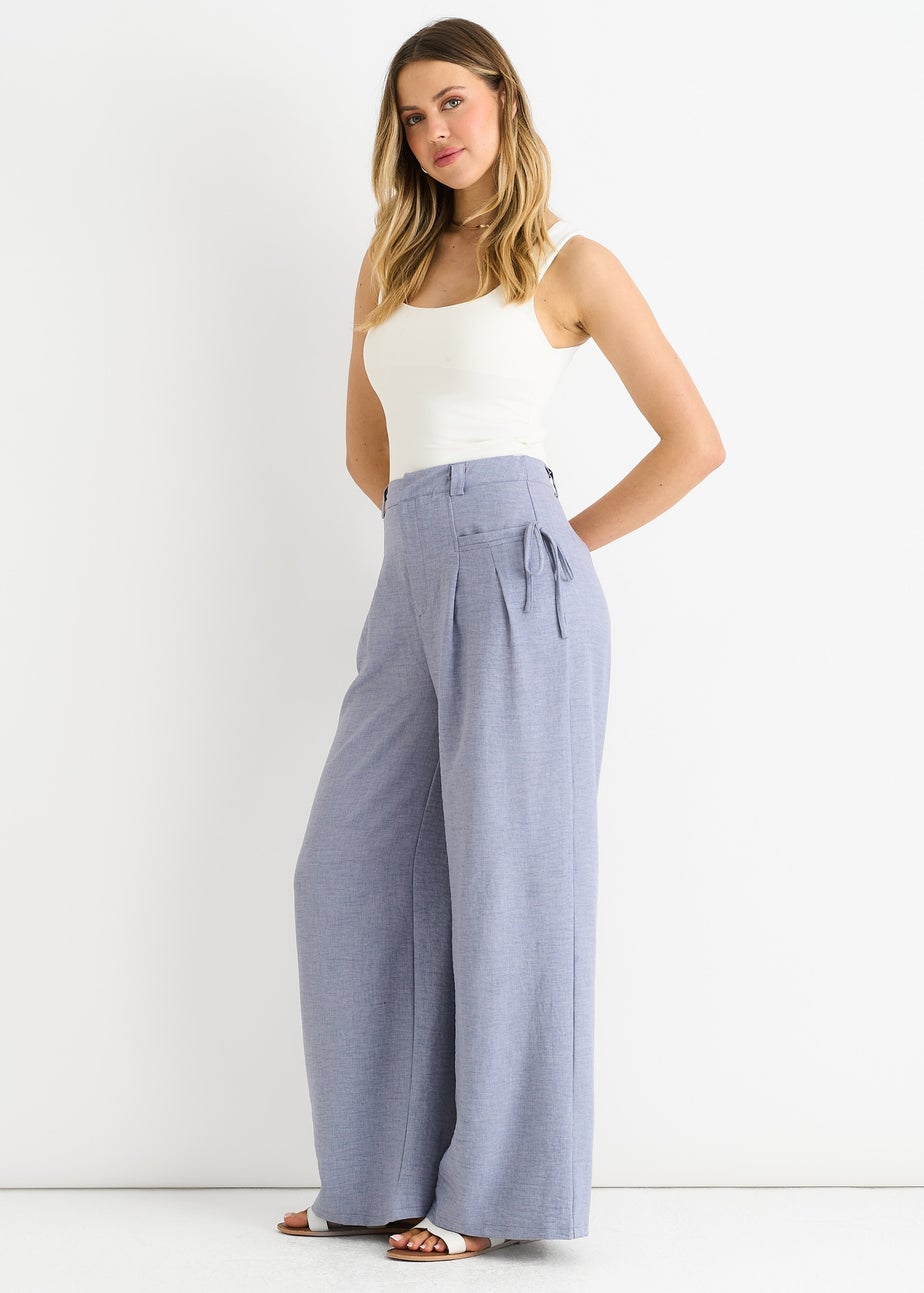 Gini London Blue Linen Look High Waist Wide Leg Trousers