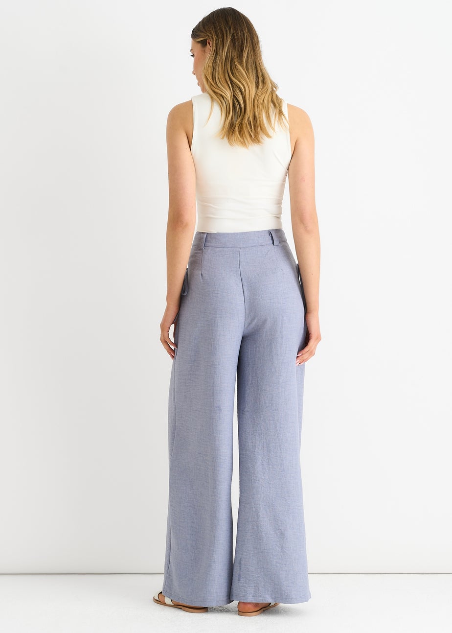 Gini London Blue Linen Look High Waist Wide Leg Trousers