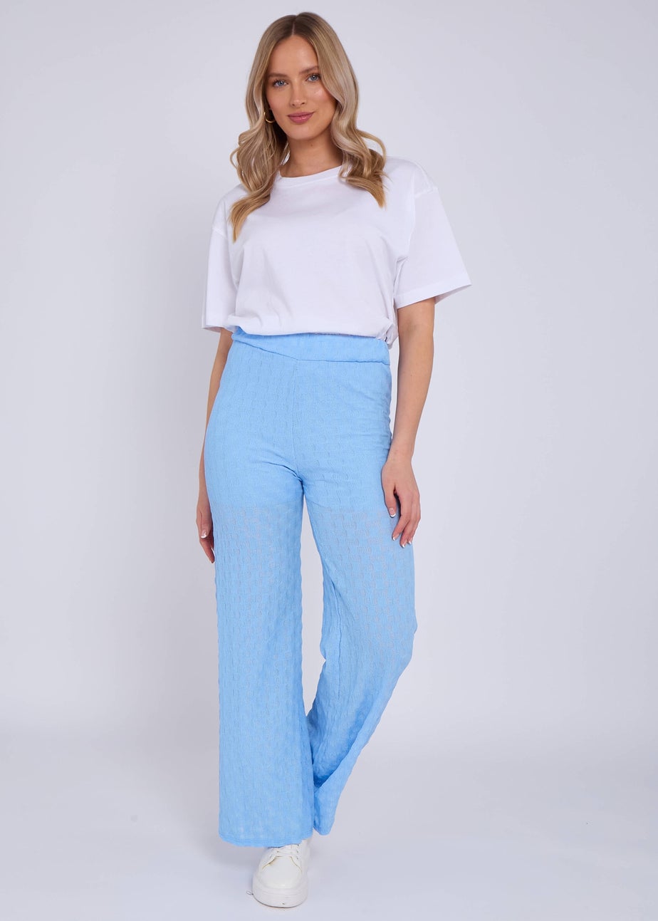 Gini London Sky Blue Textured Elasticated Waist Flared Trousers