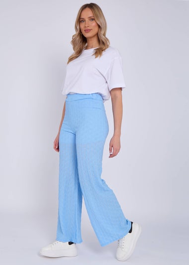 Gini London Sky Blue Textured Elasticated Waist Flared Trousers