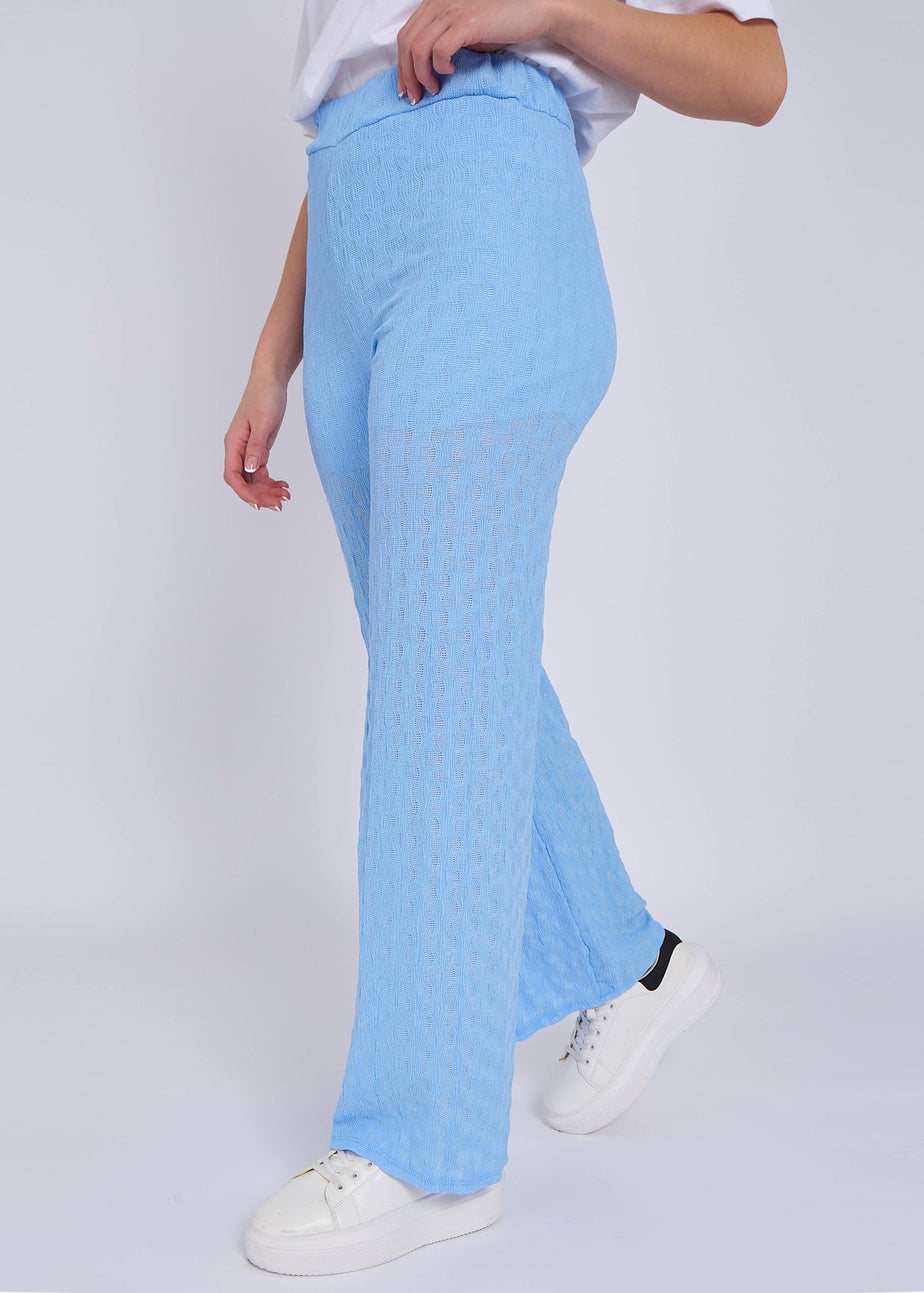 Gini London Sky Blue Textured Elasticated Waist Flared Trousers