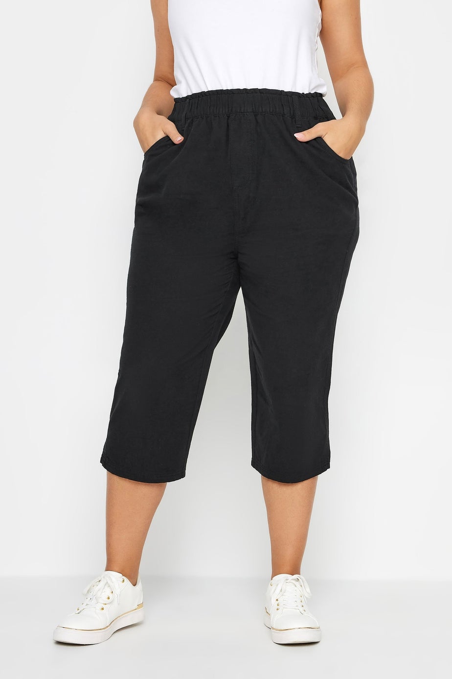Yours Curve Black Elasticated Cool Cotton Cropped Trousers