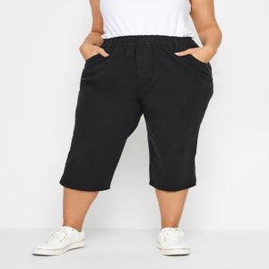 Yours Curve Black Elasticated Cool Cotton Cropped Trousers