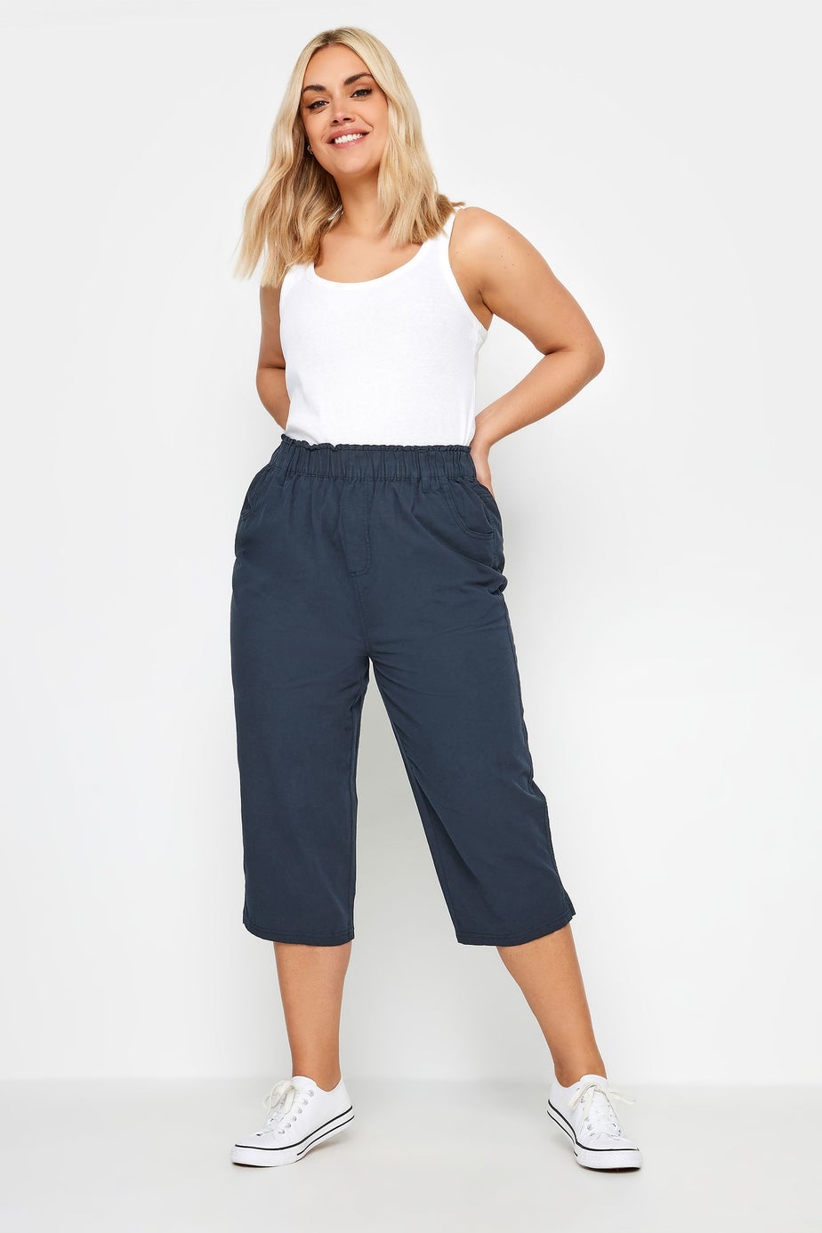 Yours Curve Navy Blue Cool Cotton Cropped Trousers