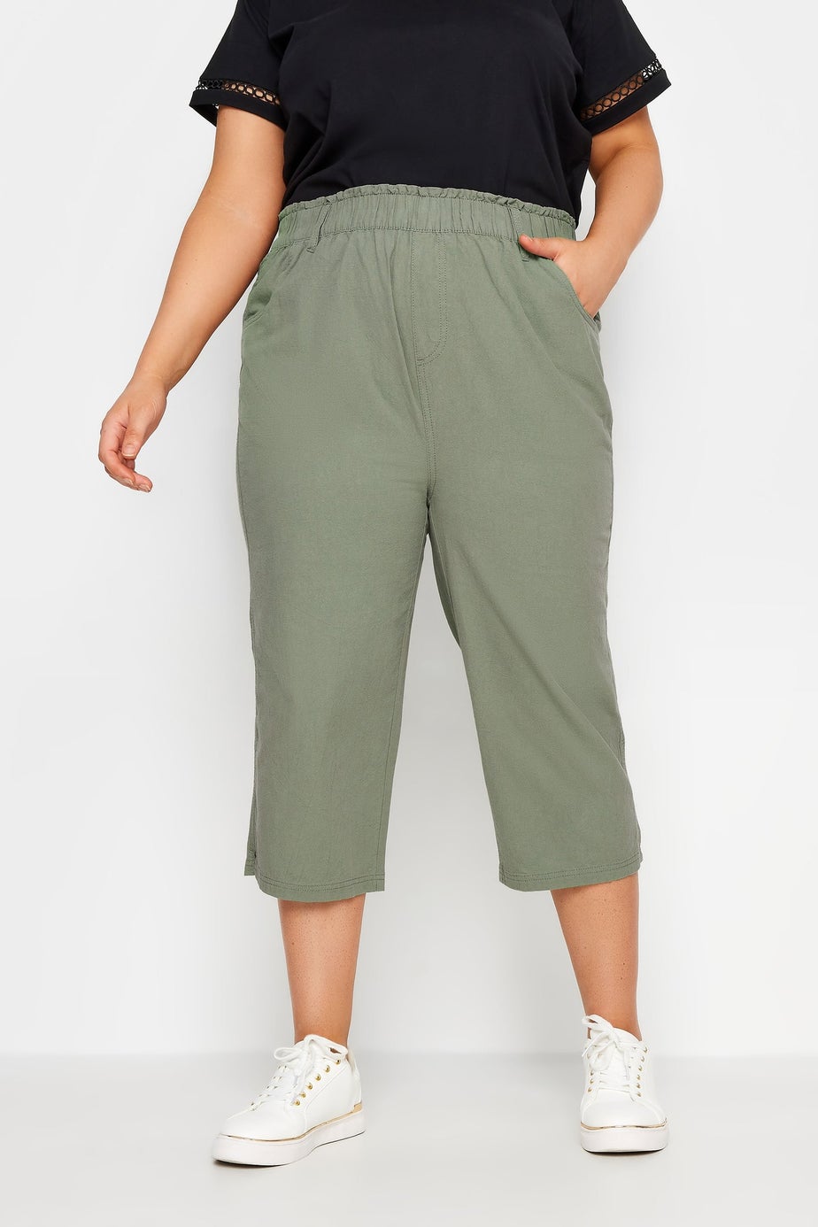Yours Curve Green Khaki Cool Cotton Cropped Trousers