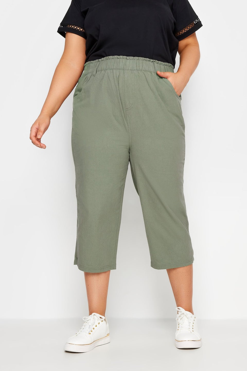 Yours Curve Green Khaki Cool Cotton Cropped Trousers
