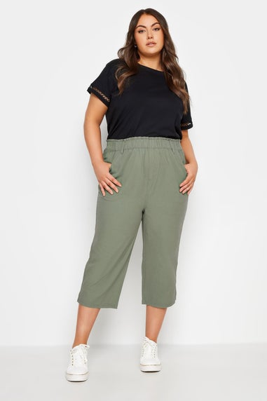 Yours Curve Green Khaki Cool Cotton Cropped Trousers