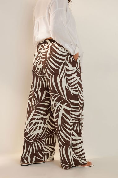 Yours Curve Brown Palm Print Textured Wide Leg Trousers