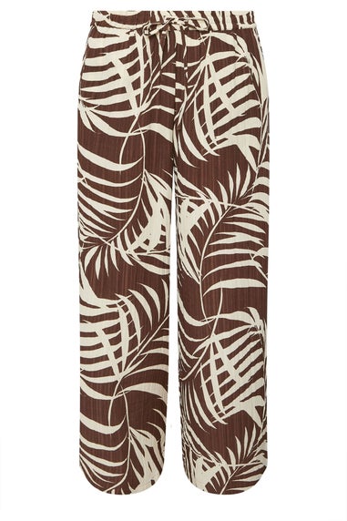 Yours Curve Brown Palm Print Textured Wide Leg Trousers