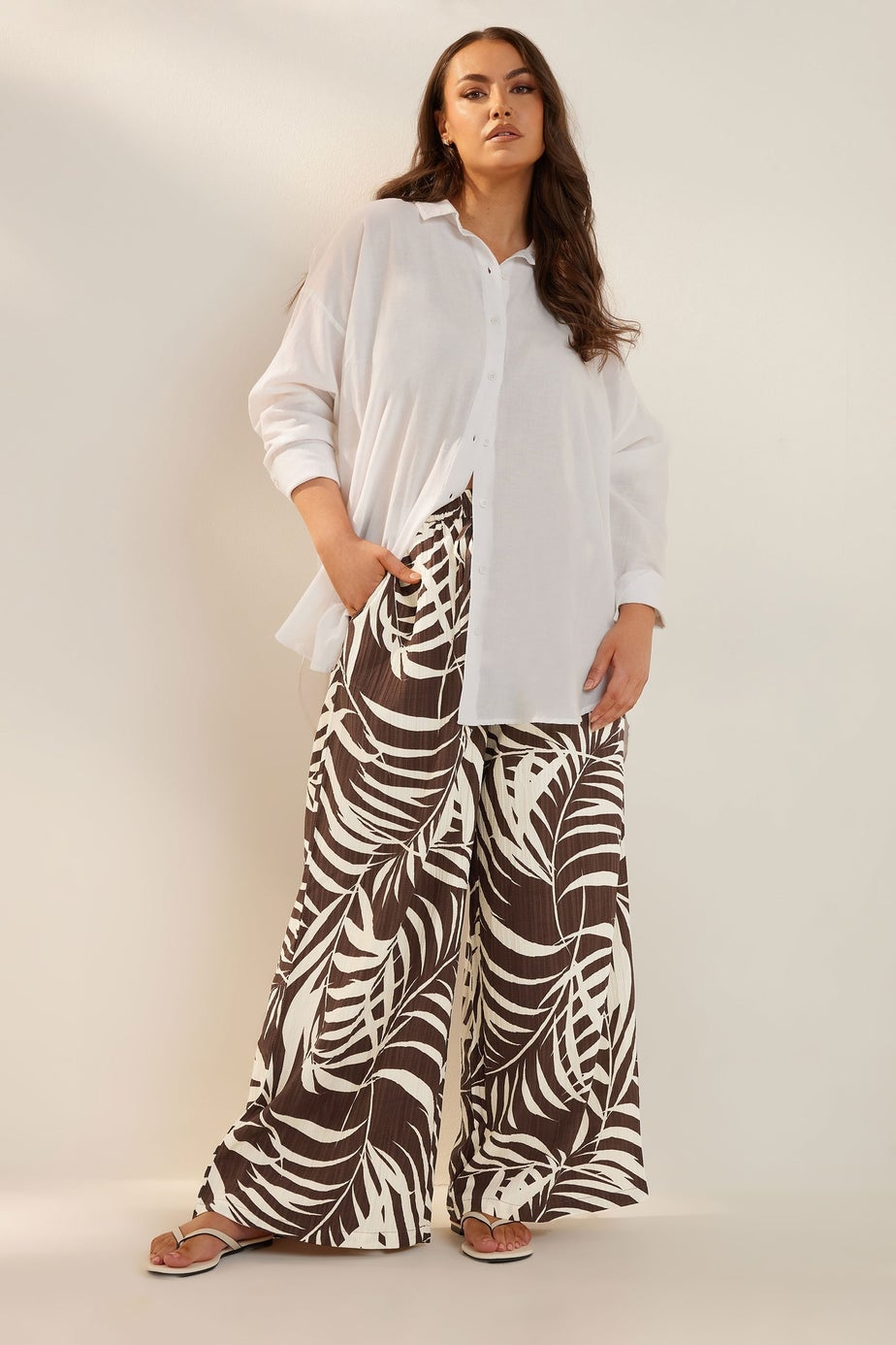 Yours Curve Brown Palm Print Textured Wide Leg Trousers