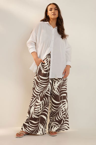 Yours Curve Brown Palm Print Textured Wide Leg Trousers