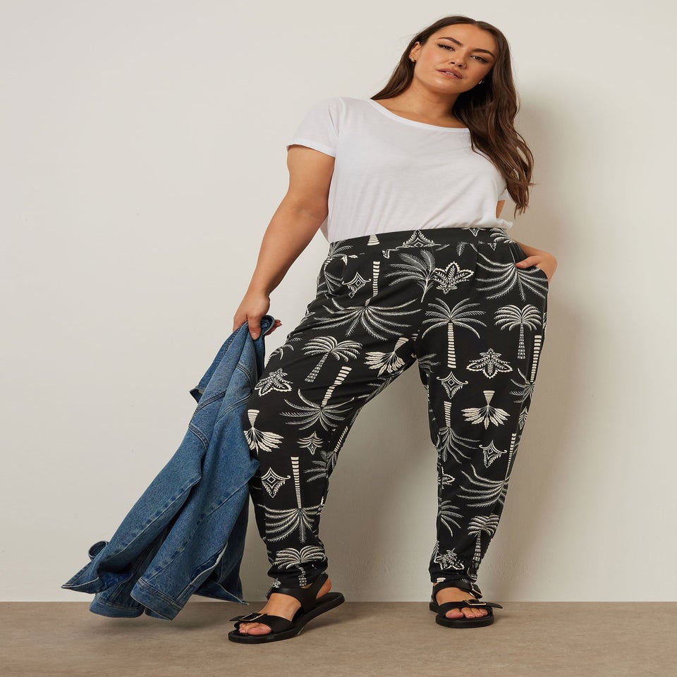 Yours Curve Black Palm Print Harem Trousers