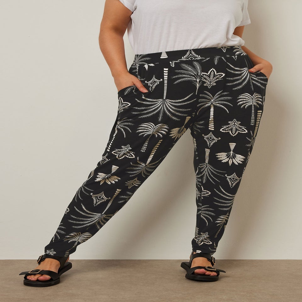 Yours Curve Black Palm Print Harem Trousers