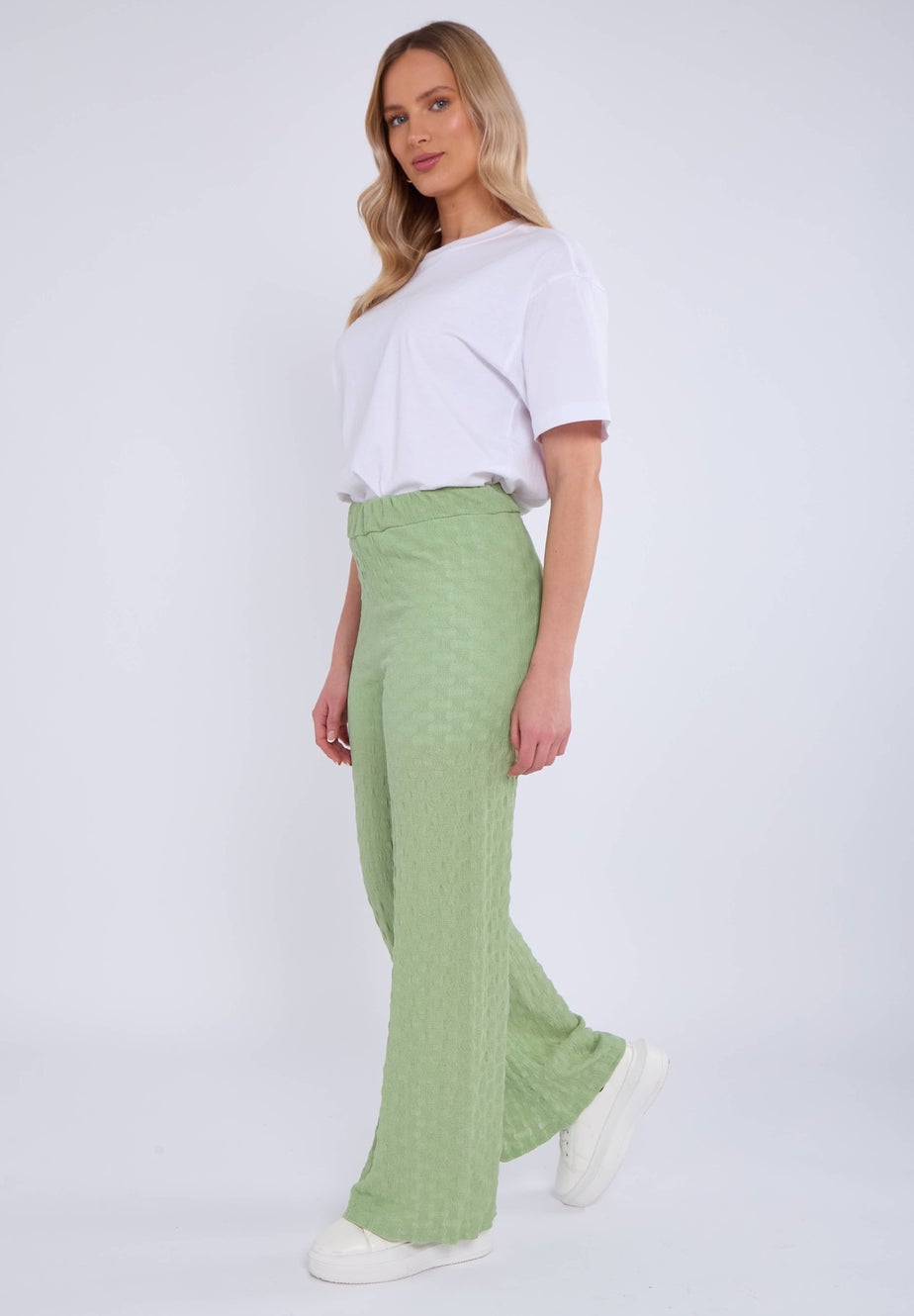 Gini London Sage Green Textured Elasticated Waist Flared Trousers