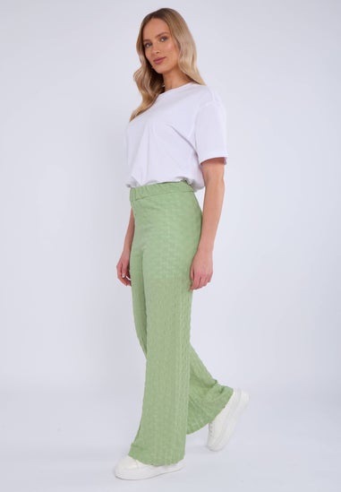 Gini London Sage Green Textured Elasticated Waist Flared Trousers