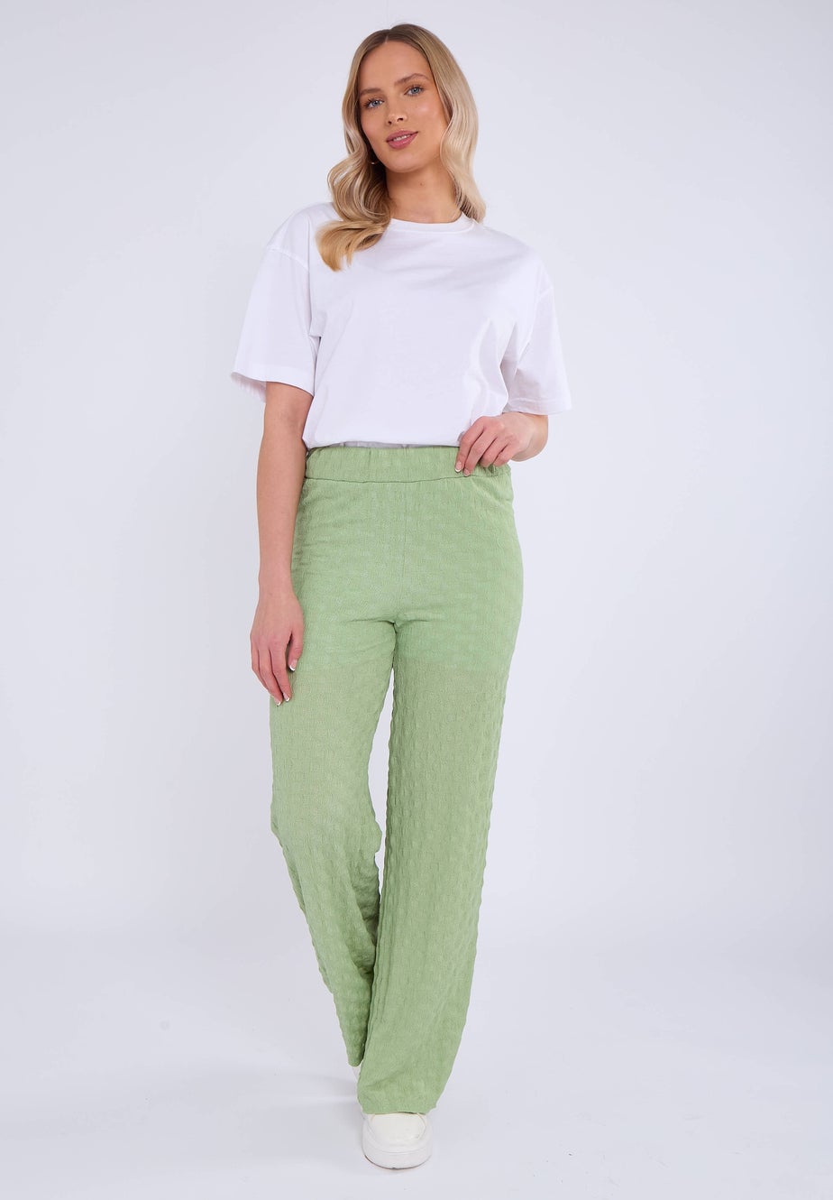 Gini London Sage Green Textured Elasticated Waist Flared Trousers