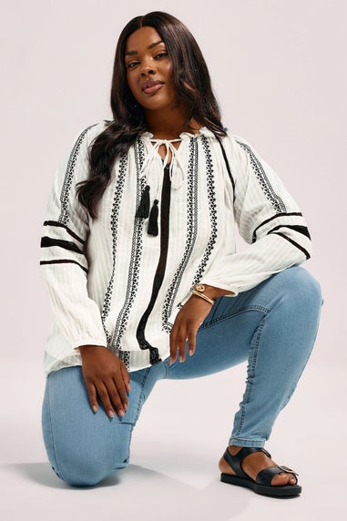 YOURS Curve Cream Embroidered Tie Neck Blouse