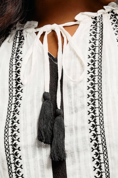 YOURS Curve Cream Embroidered Tie Neck Blouse