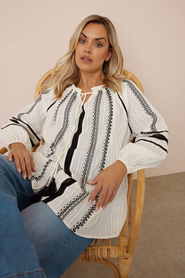 YOURS Curve Cream Embroidered Tie Neck Blouse