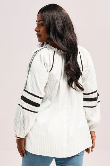 YOURS Curve Cream Embroidered Tie Neck Blouse