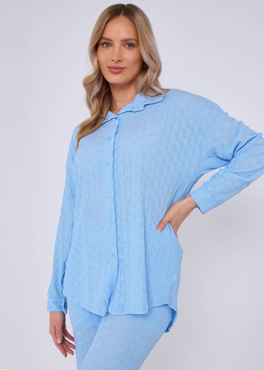 Gini London Sky Blue Textured Oversized Long Sleeves Shirt