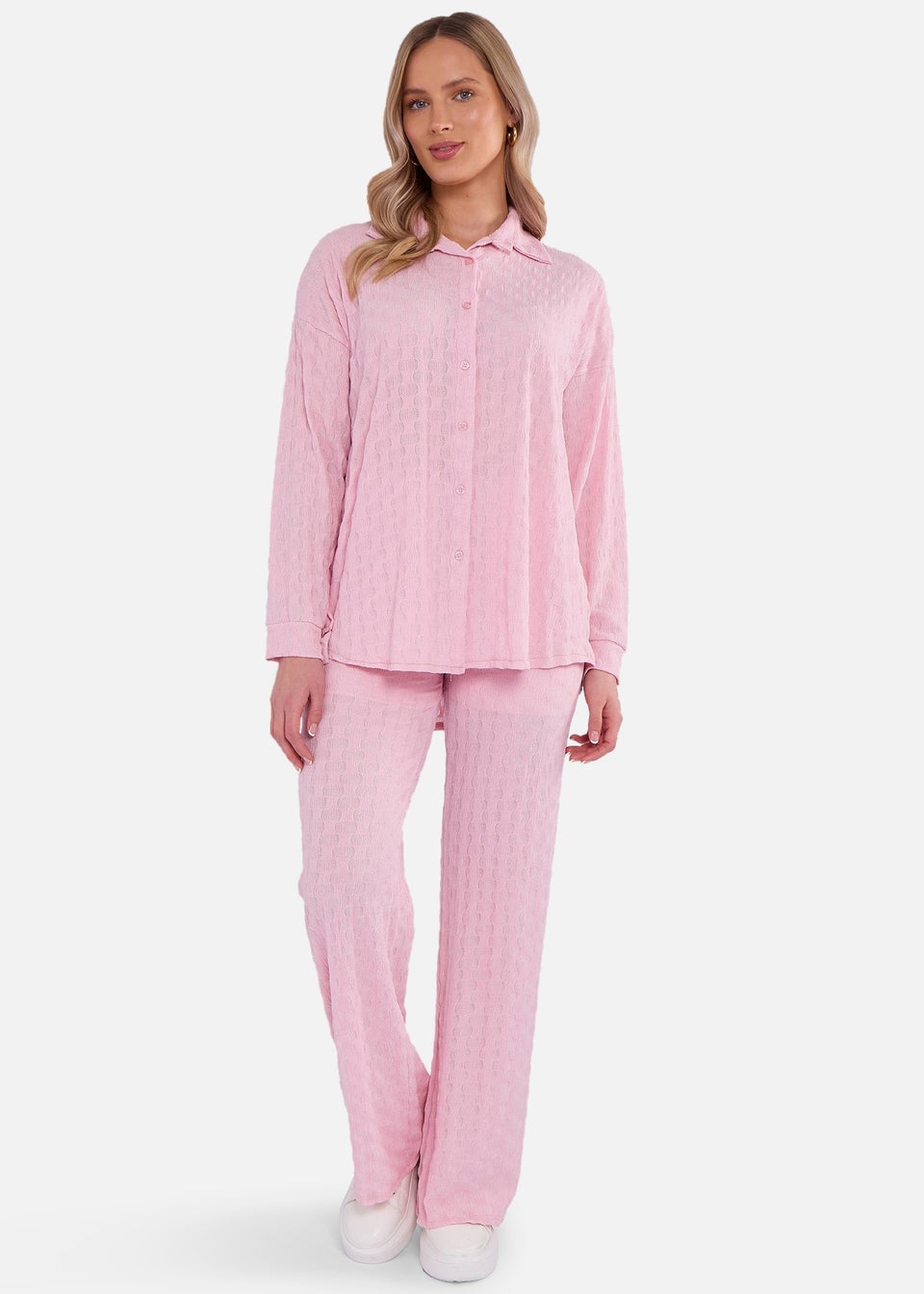 Gini London Pink Textured Oversized Long Sleeves Shirt