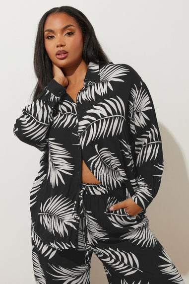 YOURS Curve Black & White Palm Print Crinkle Shirt