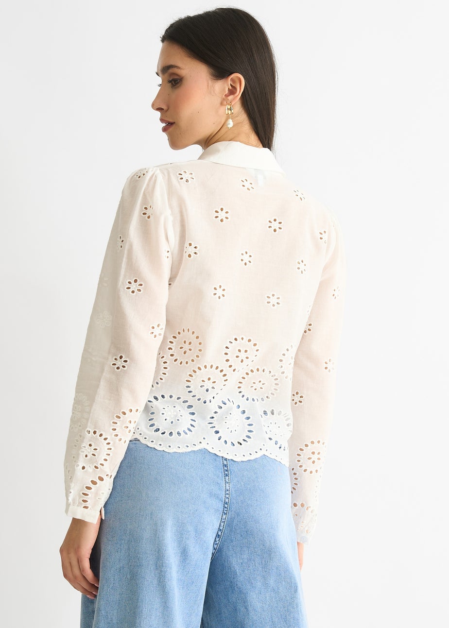 Gini London White Cotton Broderie Scallop Boxy Shirt Sequin V Neck Cami Top