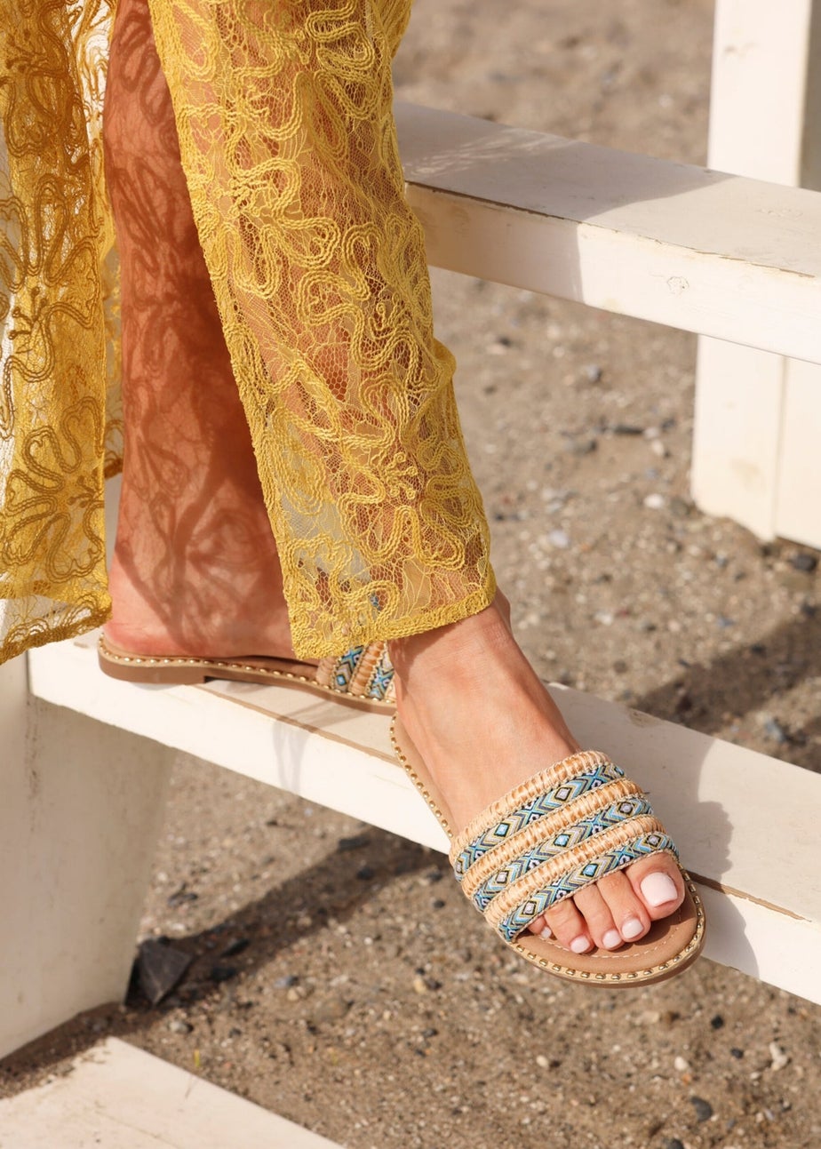 Linzi Mariana Blue Bohemian Inspired Flat Slider Sandal