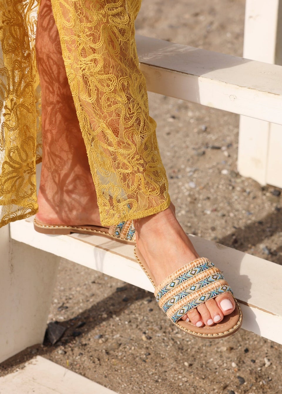 Linzi Mariana Blue Bohemian Inspired Flat Slider Sandal