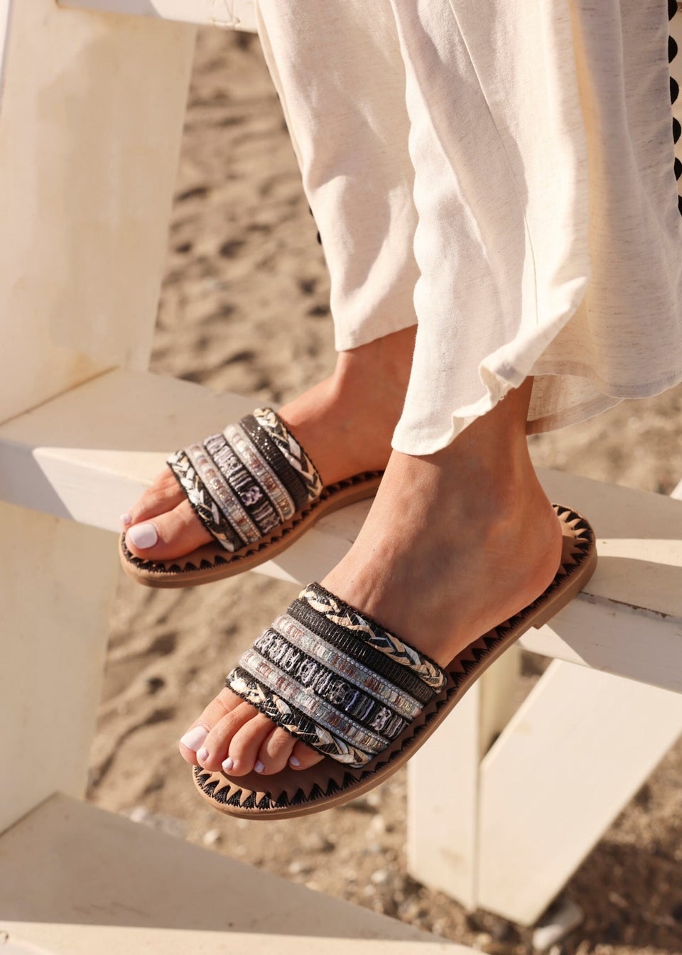 Linzi Carel Black Woven Embellished Flat Sandals