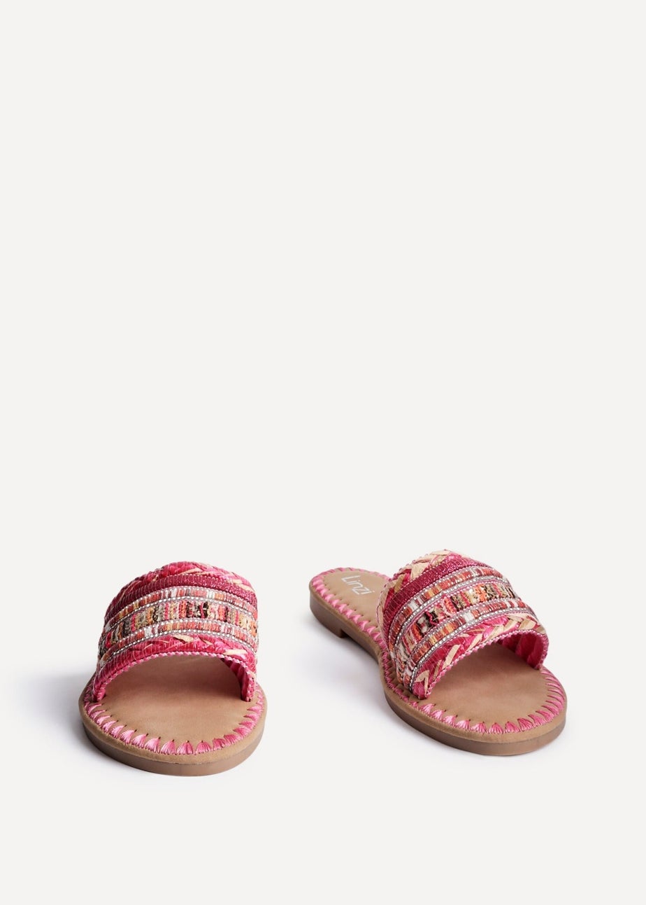Linzi Carel Pink Woven Embellished Flat Sandals