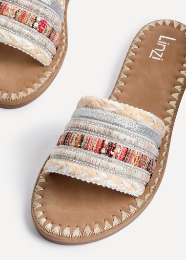 Linzi Carel White Multi Woven Embellished Flat Sandals