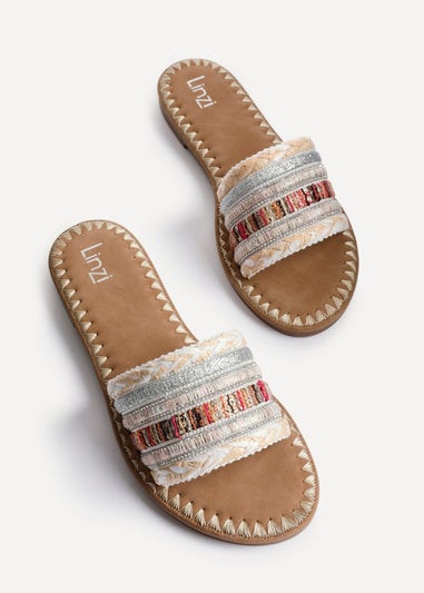 Linzi Carel White Multi Woven Embellished Flat Sandals