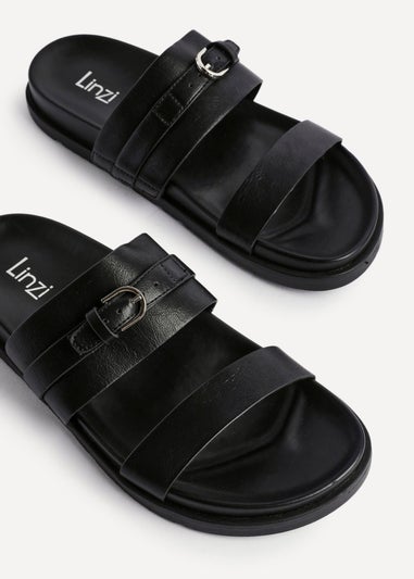 Linzi Ezra Black Faux Leather Flat Slider Sandals