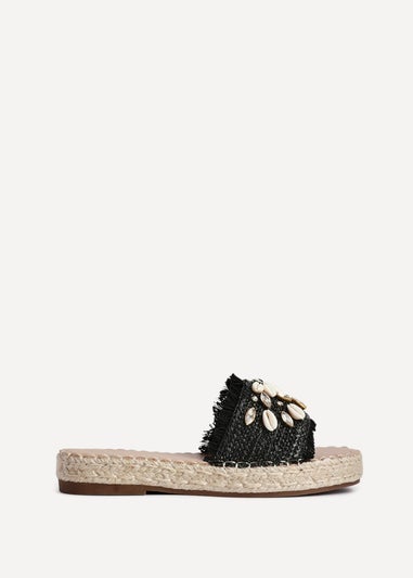 Linzi Seaside Black Raffia Shell Embellished Flat Slider