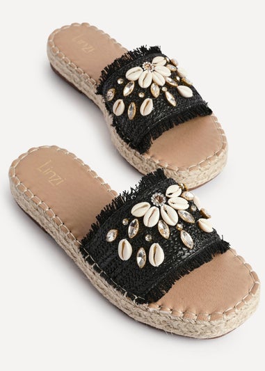 Linzi Seaside Black Raffia Shell Embellished Flat Slider