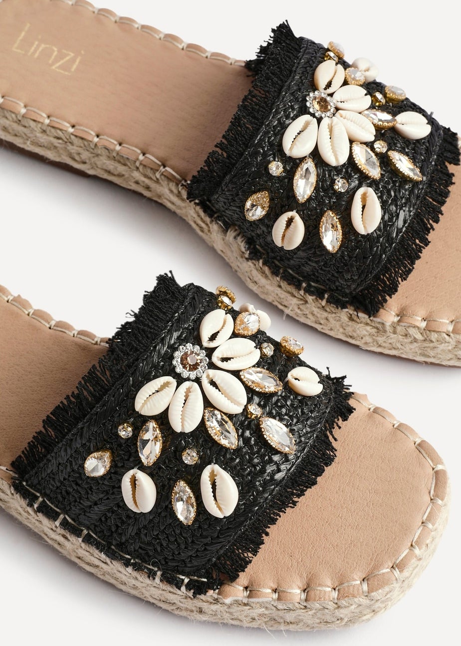 Linzi Seaside Black Raffia Shell Embellished Flat Slider