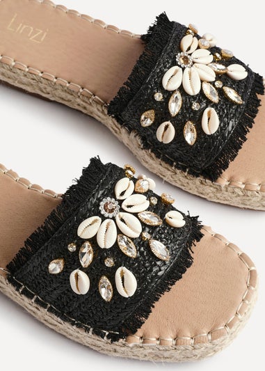 Linzi Seaside Black Raffia Shell Embellished Flat Slider