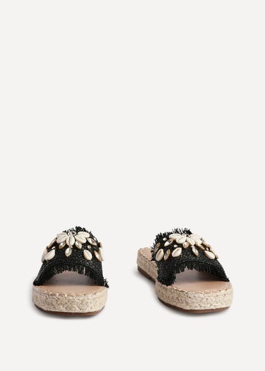 Linzi Seaside Black Raffia Shell Embellished Flat Slider