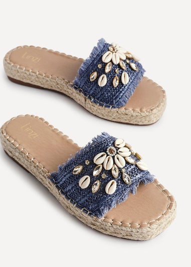 Linzi Seaside Blue Raffia Shell Embellished Flat Slider
