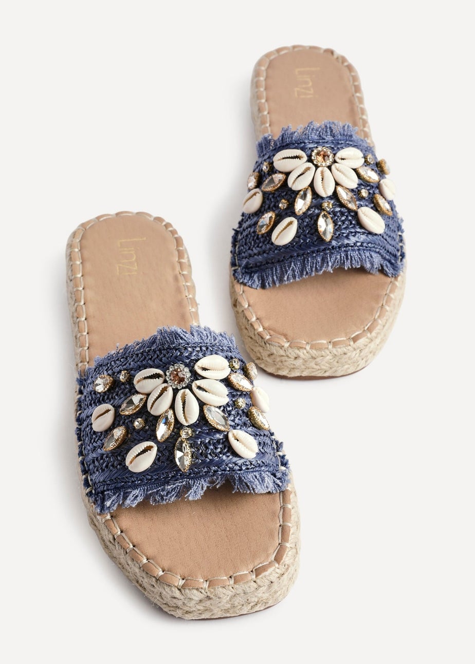 Linzi Seaside Blue Raffia Shell Embellished Flat Slider