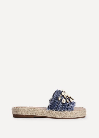 Linzi Seaside Blue Raffia Shell Embellished Flat Slider