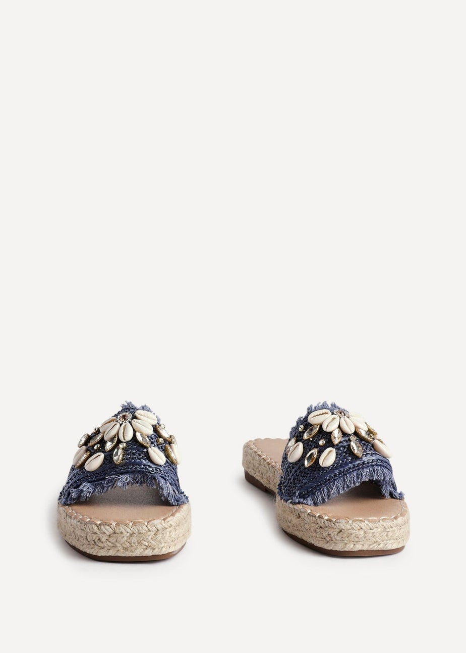 Linzi Seaside Blue Raffia Shell Embellished Flat Slider