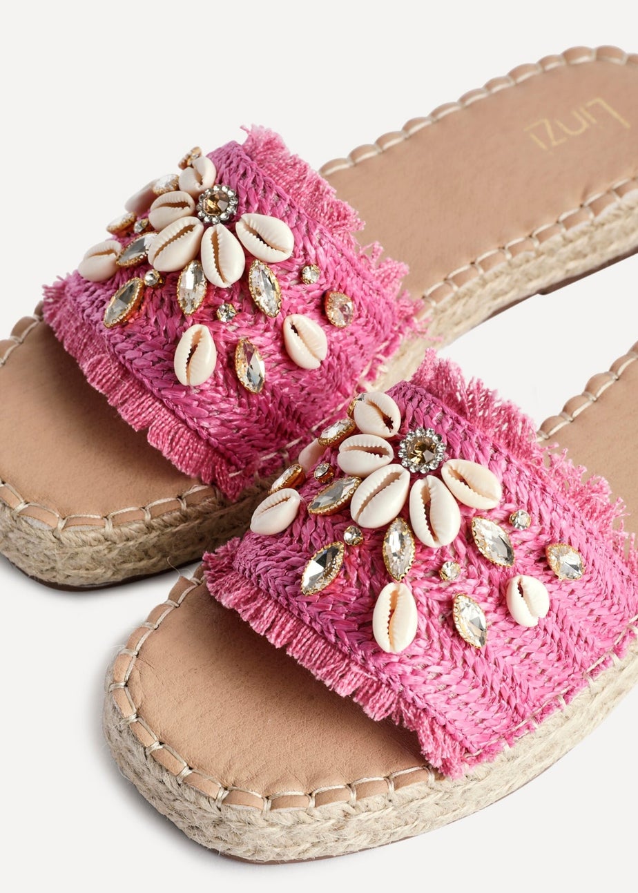 Linzi Seaside Pink Raffia Shell Embellished Flat Slider