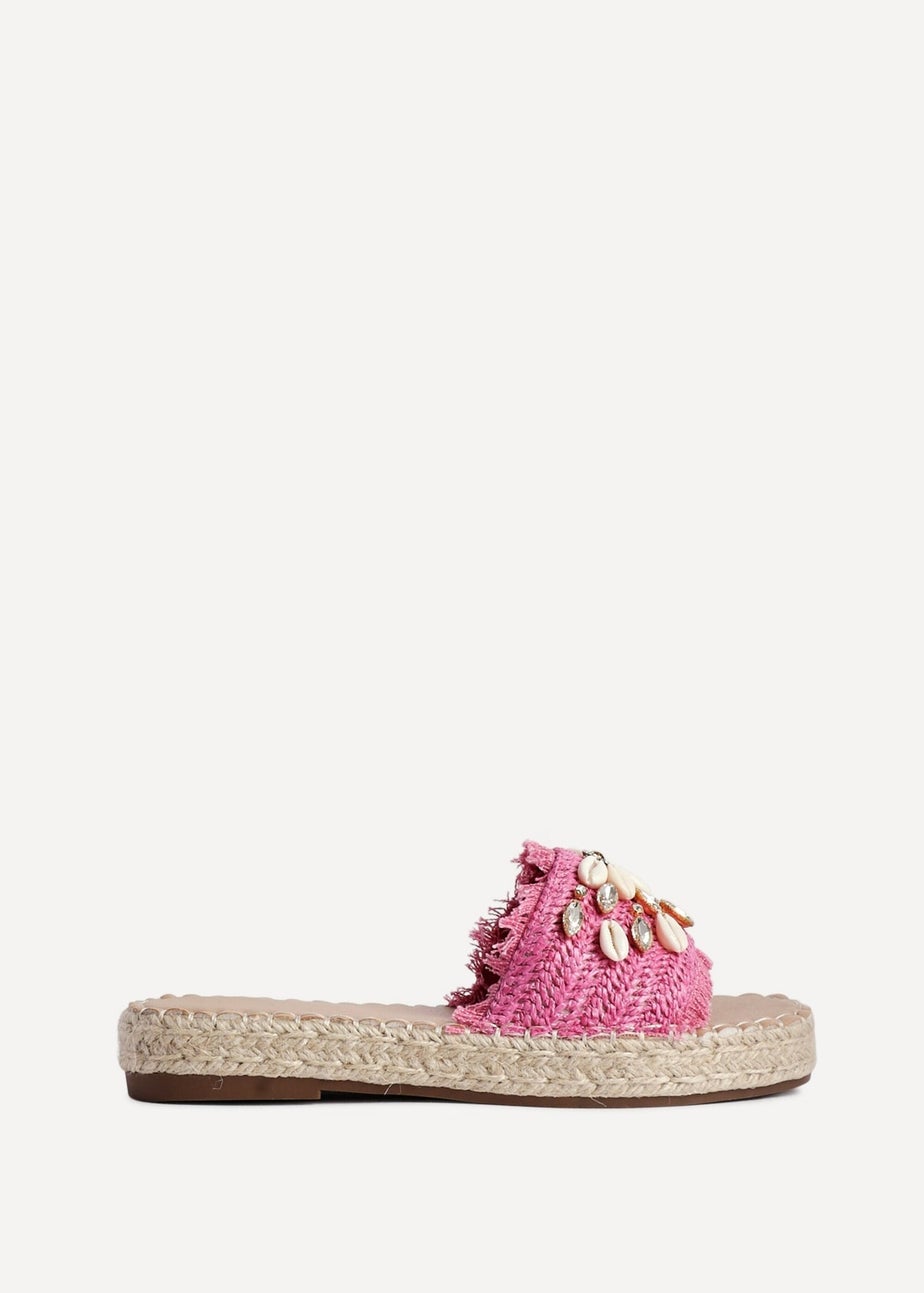 Linzi Seaside Pink Raffia Shell Embellished Flat Slider