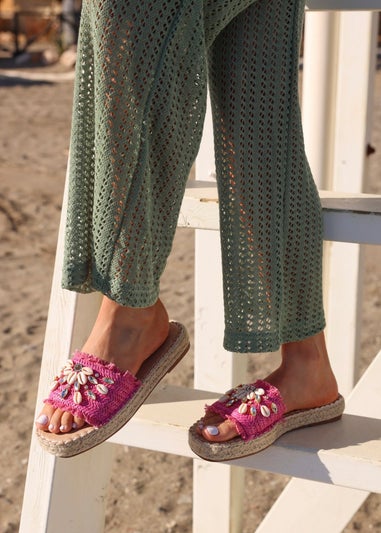 Linzi Seaside Pink Raffia Shell Embellished Flat Slider