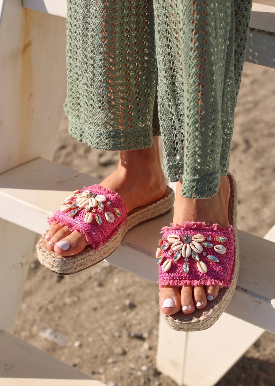 Linzi Seaside Pink Raffia Shell Embellished Flat Slider
