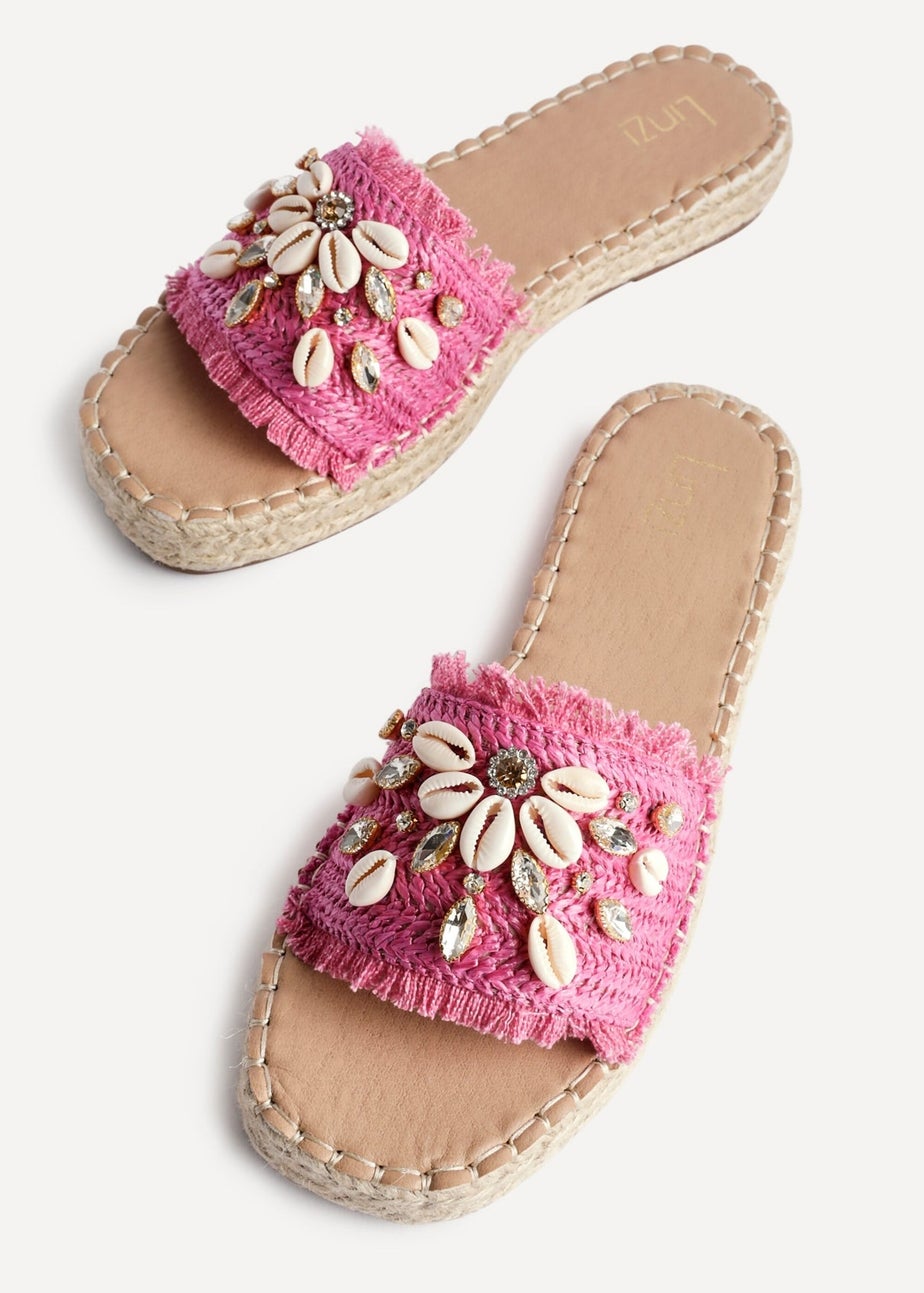 Linzi Seaside Pink Raffia Shell Embellished Flat Slider